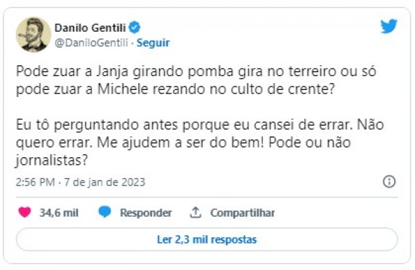 Danilo Gentili causa polêmica ao fazer piada com religião de Janja